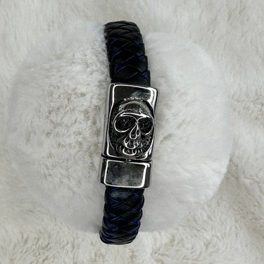 EL DIABLO bracelet cuir tresse noir/bleu tête de mort