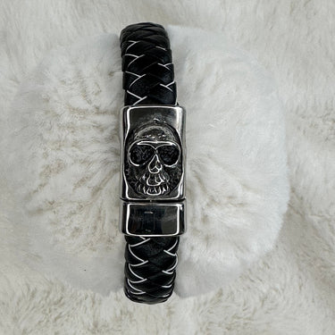 Bracelet El Diablo cuir tresse noir/blanc tête de mort
